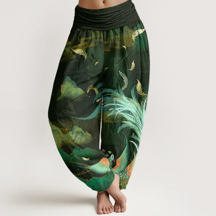 Buddha Stones Dames harembroek met elastische Taille en Phoenix-bergwolkenpatroon. - Olijfgroen - US22, UK/AU26, EU54 (6XL) - image 4