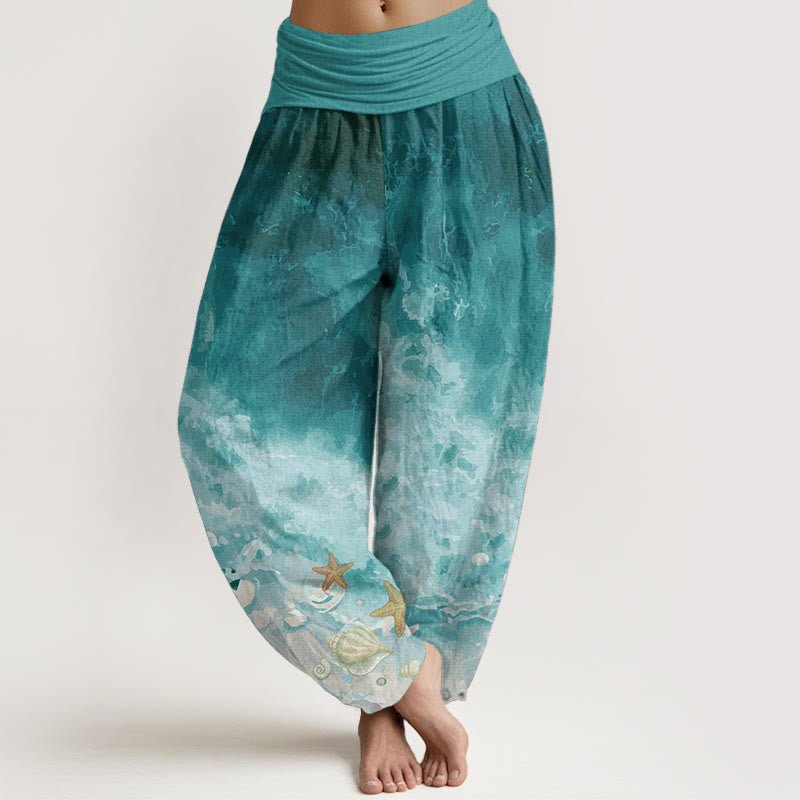 Buddha Stones Harembroek voor dames met elastische Taille en uitgestrekt oceaanpatroon van 100% Cotton - Lichtzeegroen - US22, UK/AU26, EU54 (6XL) - image 0