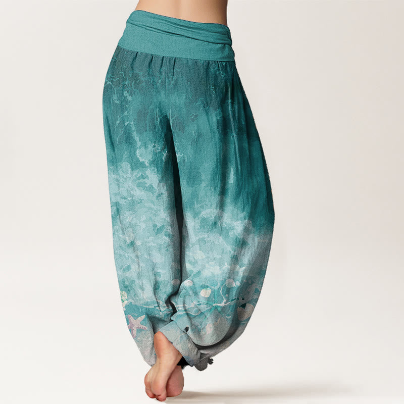 Buddha Stones Harembroek voor dames met elastische Taille en uitgestrekt oceaanpatroon van 100% Cotton - image 1