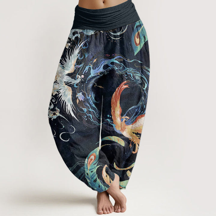 Buddha Stones Harembroek voor dames met elastische Taille en feniksbloemenprint van 100% Cotton - Zwart - US22, UK/AU26, EU54 (6XL) - image 0