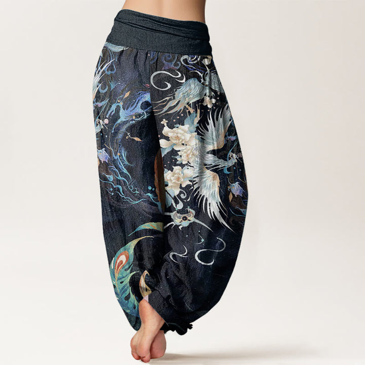 Buddha Stones Harembroek voor dames met elastische Taille en feniksbloemenprint van 100% Cotton - image 1