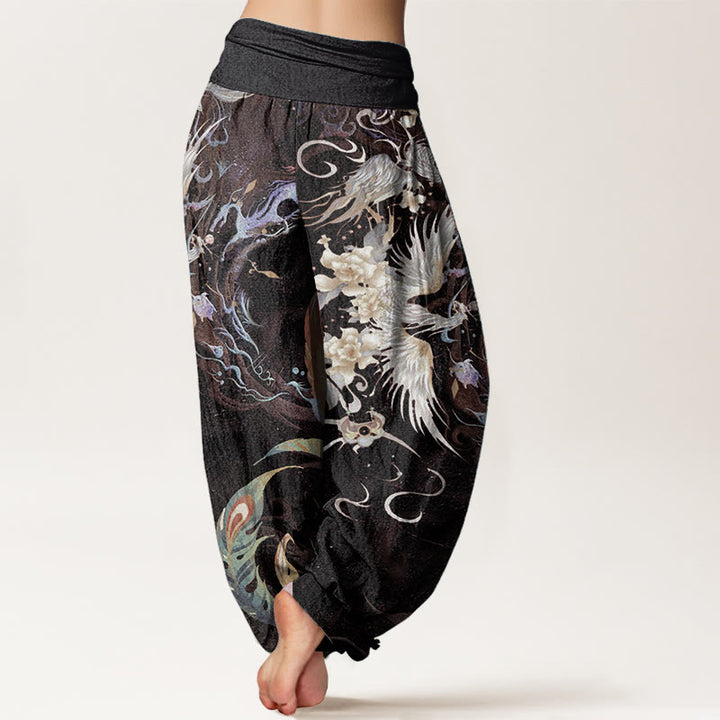 Buddha Stones Harembroek voor dames met elastische Taille en feniksbloemenprint van 100% Cotton - image 9