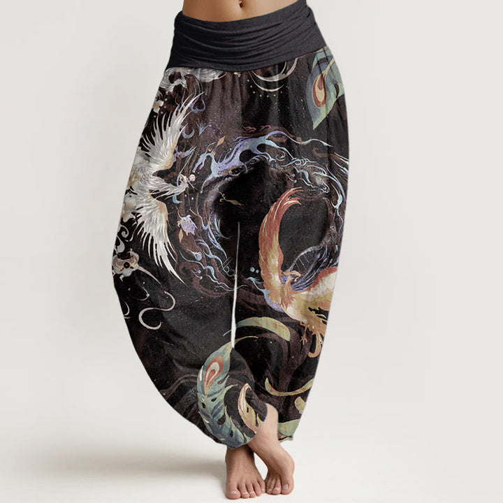 Buddha Stones Harembroek voor dames met elastische Taille en feniksbloemenprint van 100% Cotton - Bruin - US22, UK/AU26, EU54 (6XL) - image 8