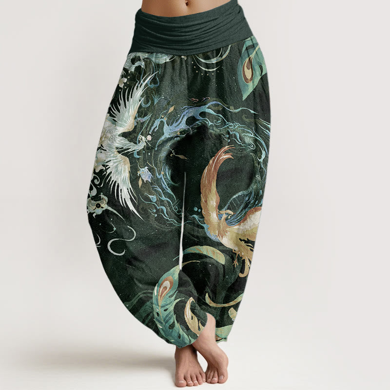 Buddha Stones Harembroek voor dames met elastische Taille en feniksbloemenprint van 100% Cotton - Donkergroen - US22, UK/AU26, EU54 (6XL) - image 5
