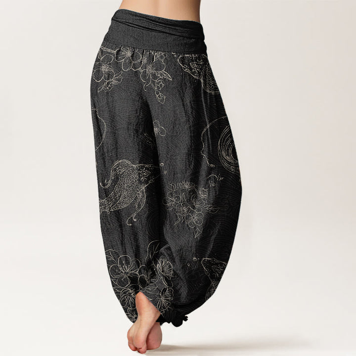 Buddha Stones Harembroek voor dames met elastische Taille, 100% Cotton met een koi-vis bloemenpatroon. - image 1
