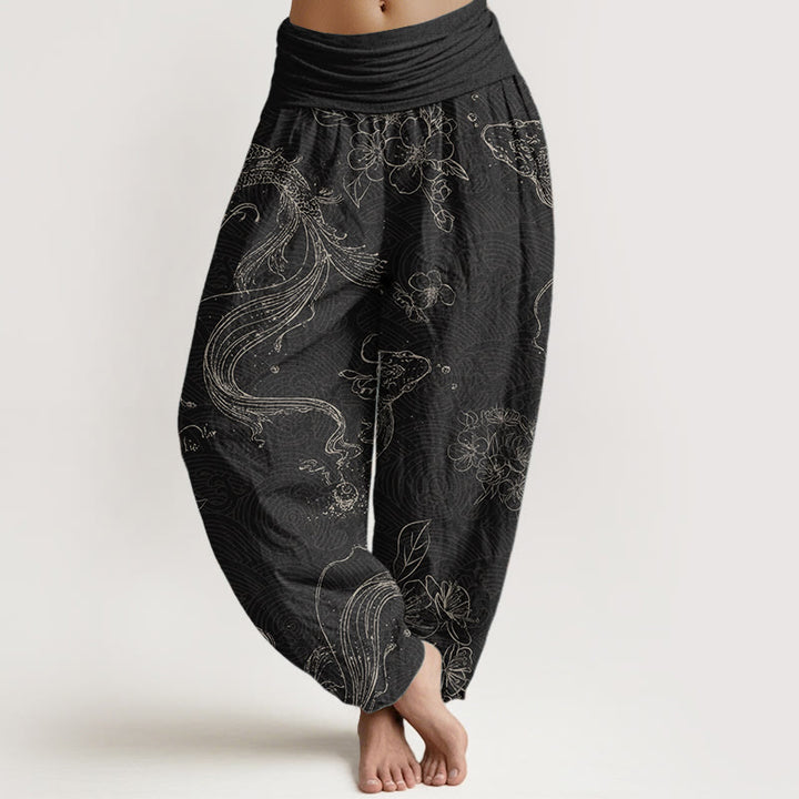 Buddha Stones Harembroek voor dames met elastische Taille, 100% Cotton met een koi-vis bloemenpatroon. - Zwart - US22, UK/AU26, EU54 (6XL) - image 0
