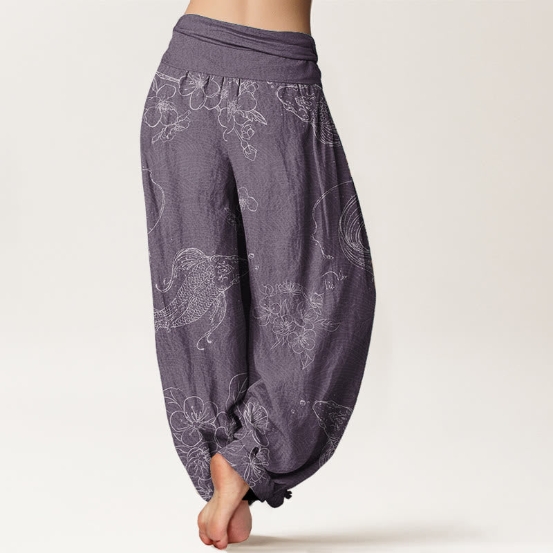 Buddha Stones Harembroek voor dames met elastische Taille, 100% Cotton met een koi-vis bloemenpatroon. - image 6
