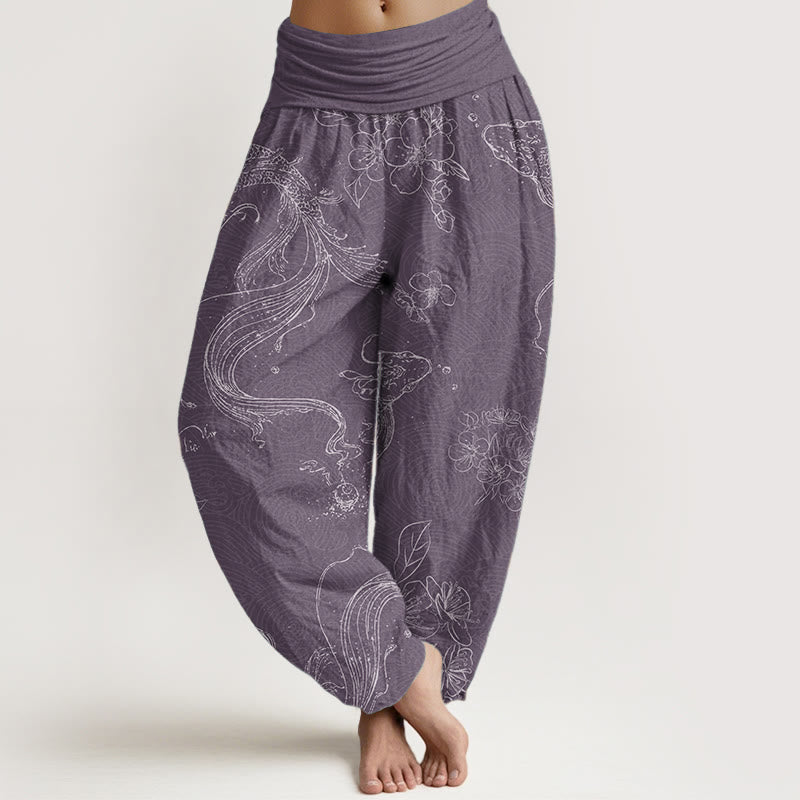 Buddha Stones Harembroek voor dames met elastische Taille, 100% Cotton met een koi-vis bloemenpatroon. - Middelpaars - US22, UK/AU26, EU54 (6XL) - image 5