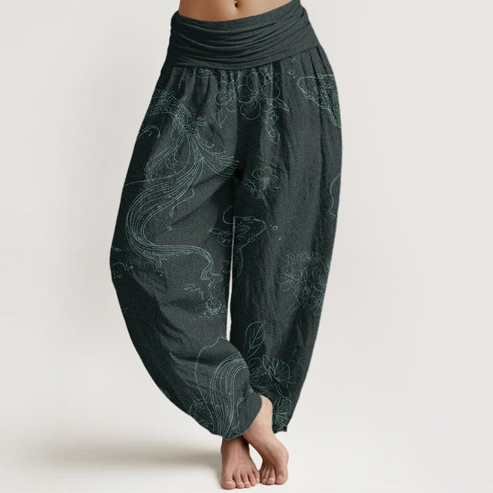 Buddha Stones Harembroek voor dames met elastische Taille, 100% Cotton met een koi-vis bloemenpatroon. - Donkerblauw - US22, UK/AU26, EU54 (6XL) - image 8