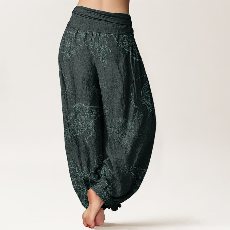 Buddha Stones Harembroek voor dames met elastische Taille, 100% Cotton met een koi-vis bloemenpatroon. - image 9