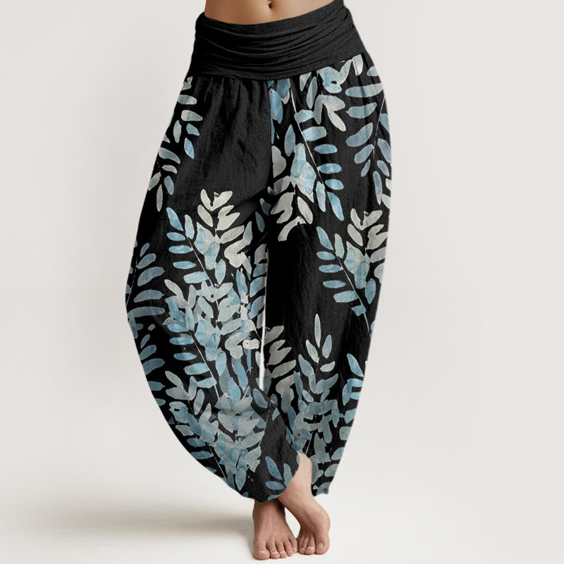Buddha Stones Casual katoenen harembroek met in elkaar verweven bladerenpatroon en elastische Taille voor dames. - Zwart - US22, UK/AU26, EU54 (6XL) - image 0