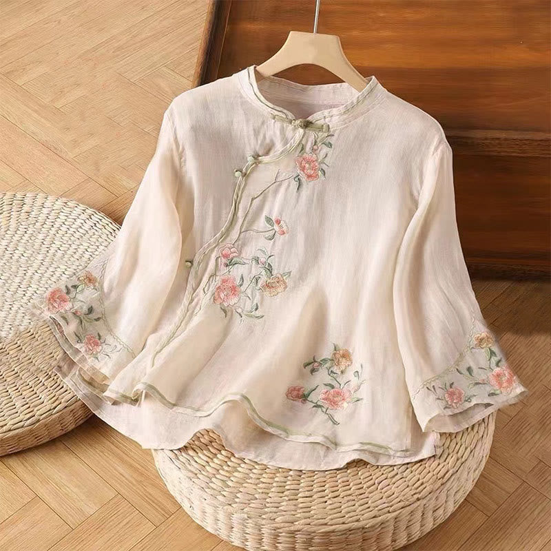 Buddha Stones Casual vintage katoenen linnen damesblouse met geborduurd bloemenpatroon en Chinese Ronde hals. - MistyRoos - US12, UK/AU16, EU44 (3XL) - image 0