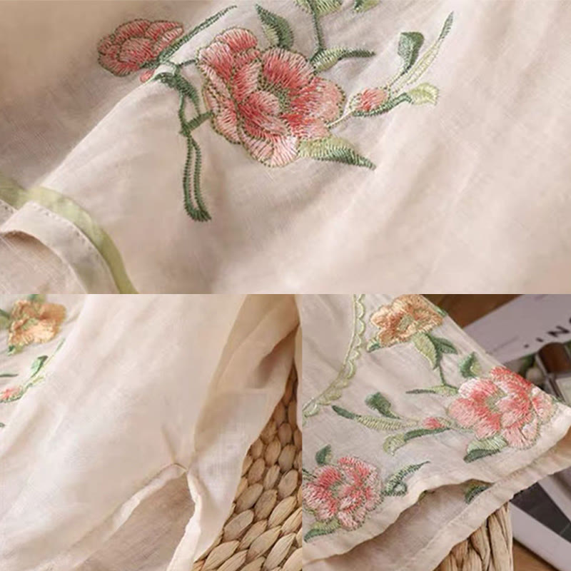 Buddha Stones Casual vintage katoenen linnen damesblouse met geborduurd bloemenpatroon en Chinese Ronde hals. - image 1
