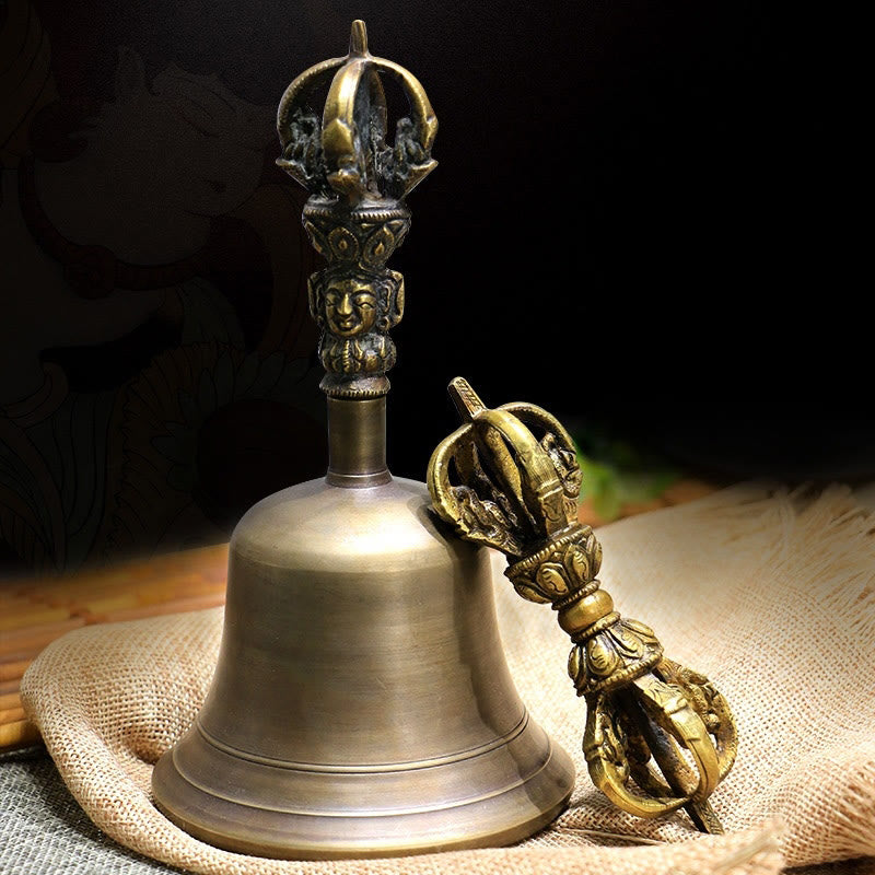 Buddha Stones 2-delige handgemaakte Tibetaanse meditatiebel en Vajra Dorje koperen decoratieset - Medium - image 0