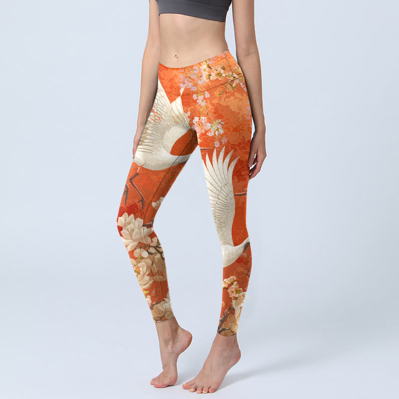 Buddha Stones Sportlegging met print van rode kraanvogel, kersenbloesem en lotusbloem, geschikt voor dames. - OranjeRood - US18, UK/AU22, EU50 (4XL) - image 0