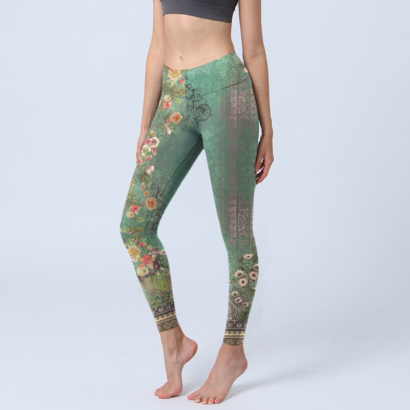 Buddha Stones Vintage bloemenkrans, kanten damastprint, sportlegging voor dames, yogabroek - Middelzeegroen - US18, UK/AU22, EU50 (4XL) - image 0