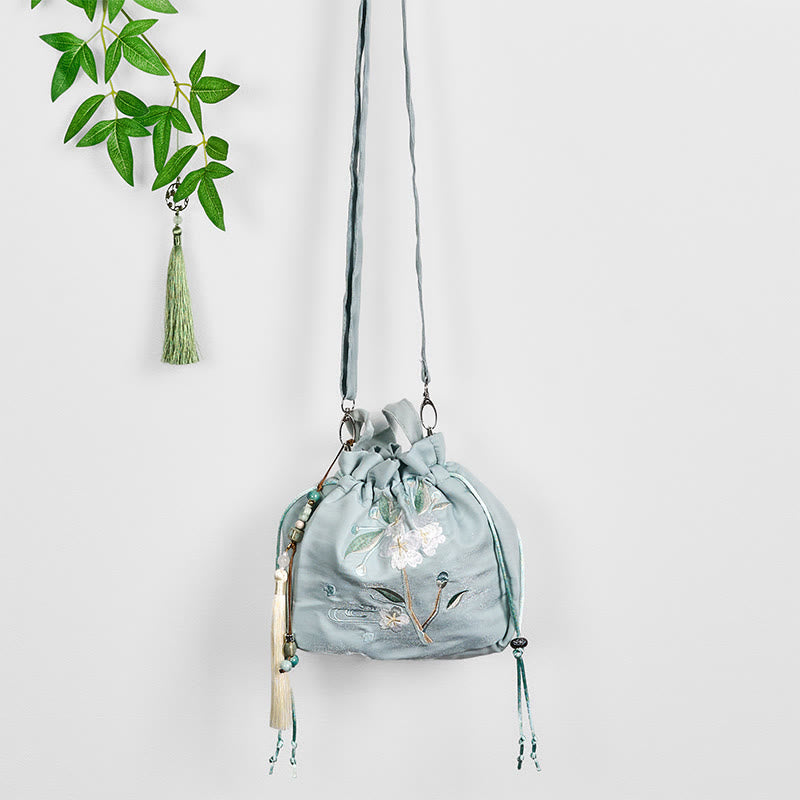 Buddha Stones Geborduurde groene bloemenblaadjes canvas draagtas, Schoudertas (crossbody), Schoudertas, Handtas - image 5