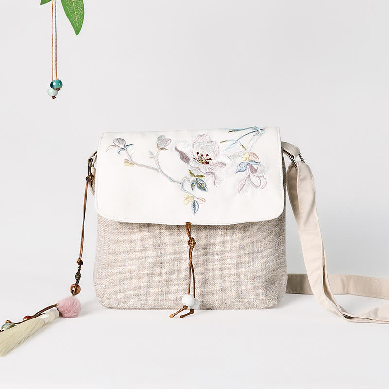 Buddha Stones Handgemaakte Rugzak van polyester canvas met geborduurd magnolia-motief en grote capaciteit. - image 1