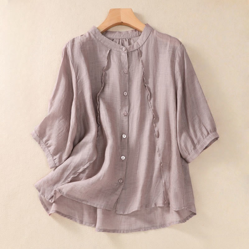 Buddha Stones Casual damesoverhemd van katoen-linnen met effen knoopsluiting, ruches en opstaande kraag, Mouwlengte. - Distel - US8-10，UK/AU12-14，EU40-42 (2XL) - image 0