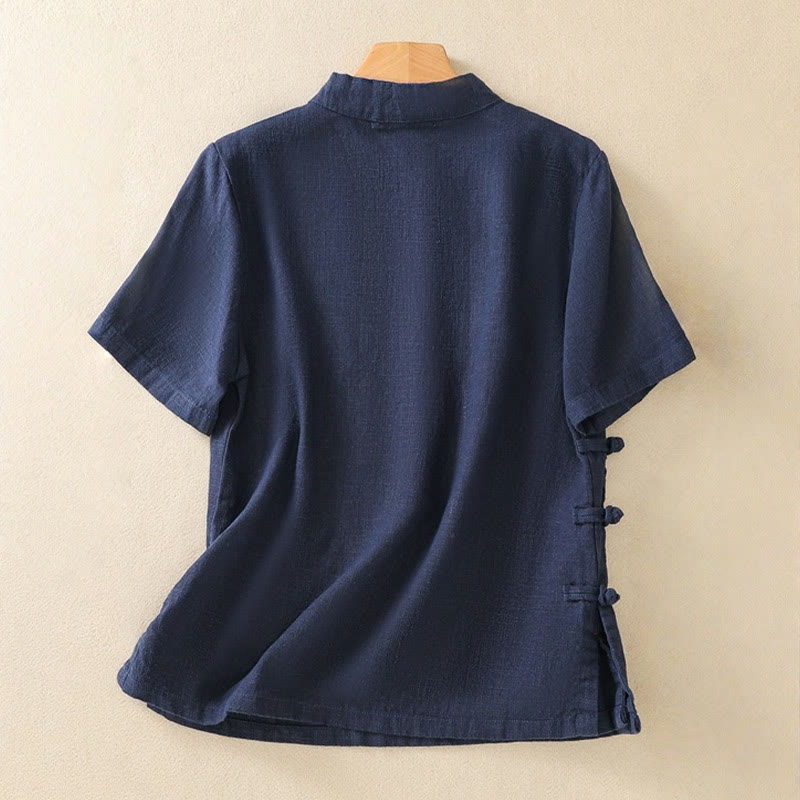 Buddha Stones Casual effen opstaande kraag met kikkerknopen, kleurrijke katoenen linnen blouse met Mouwlengte voor dames. - image 1