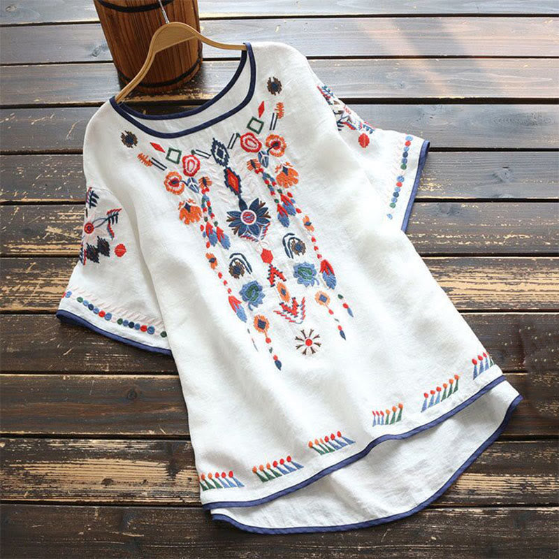 Buddha Stones Retro T-shirt met ronde hals en bloemenborduursel , Ronde hals van katoen en linnen, met Korte mouw. - Wit - US14, UK/AU18, EU46 (4XL) - image 0