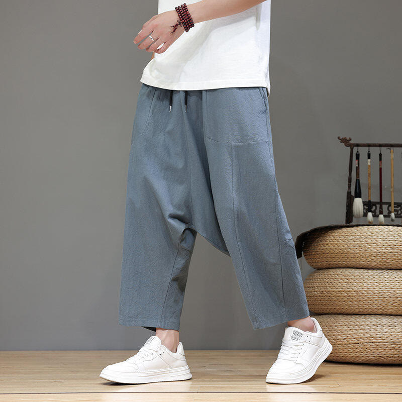 Buddha Stones Casual, effen herenbroek van katoen met laag kruis, trekkoord, elastische tailleband en wijde pijpen, inclusief Zakken. - Staalblauw - US/UK/AU46, EU56 (5XL) - image 0