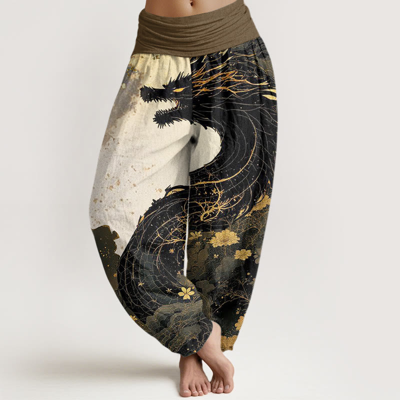 Buddha Stones Katoenen casual harembroek met draken- en oudboompatroon voor dames, elastische Taille - Zwart - US22, UK/AU26, EU54 (6XL) - image 0