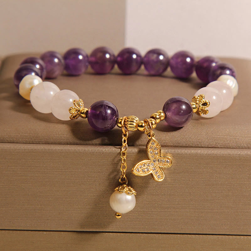 Buddha Stones Armband met bedeltje van een vlinder en parelkristal, geschikt voor spirituele genezing. - Amethist (Polsomtrek 14-16 cm) - image 0