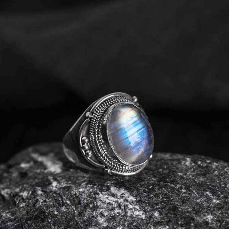 Buddha Stones Handgemaakte verstelbare Ring van 925 sterling zilver met natuurlijke maansteen voor helende doeleinden. - Stijl 1 US5-US15 (verstelbaar) - image 0