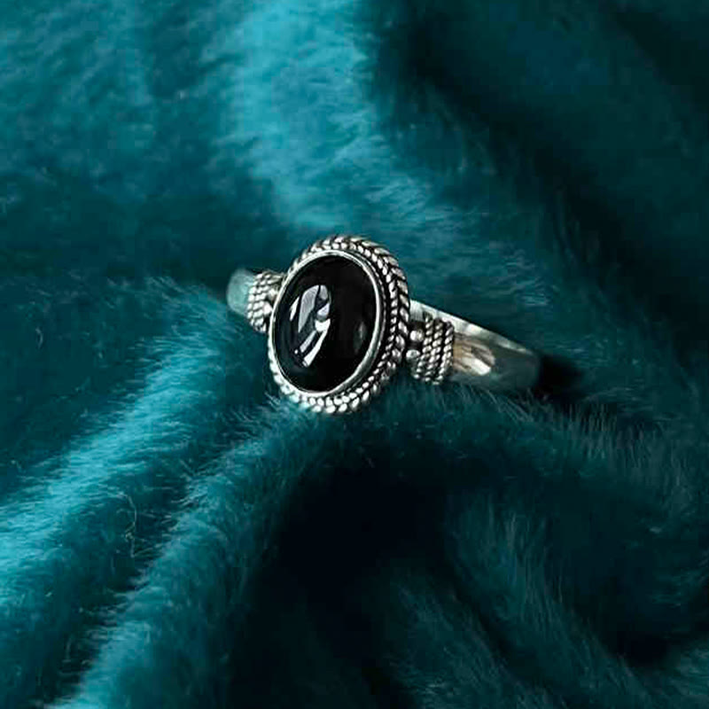 Buddha Stones Handgemaakte, verstelbare Ring van 925 sterling zilver met zwarte onyx en gelukssymbool. - Stijl 1 US6- US9 (verstelbaar) - image 0