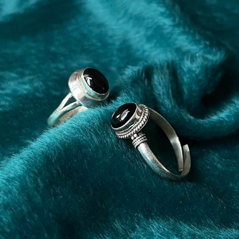 Buddha Stones Handgemaakte, verstelbare Ring van 925 sterling zilver met zwarte onyx en gelukssymbool. - image 1