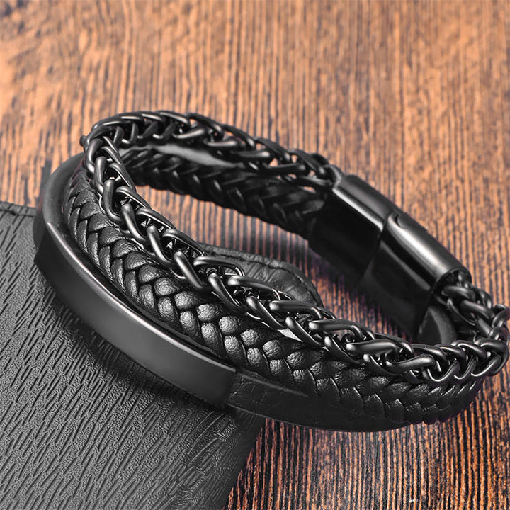 Buddha Stones Geweven patroon titanium stalen stimulerende meerlaagse leren Armband met gesp - Zwart (Polsomtrek: 20-22 cm) - image 0