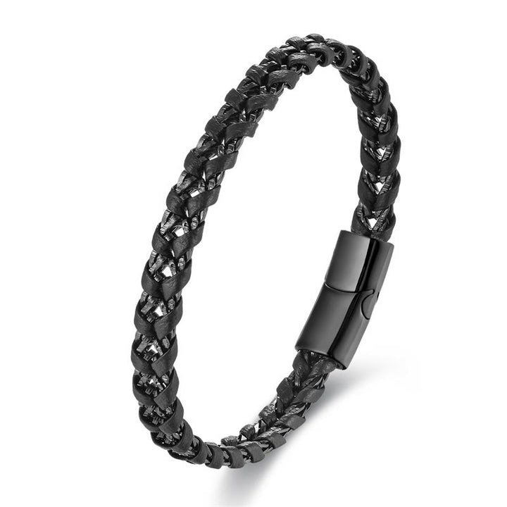 Buddha Stones Gevlochten ontwerp titanium staal meerlaagse leren Armband met gesp - Enkellaags zwart (Polsomtrek: 18-20 cm) - image 7