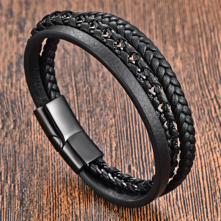 Buddha Stones Gevlochten ontwerp titanium staal meerlaagse leren Armband met gesp - Meerlaags zwart (Polsomtrek: 18-20 cm) - image 2