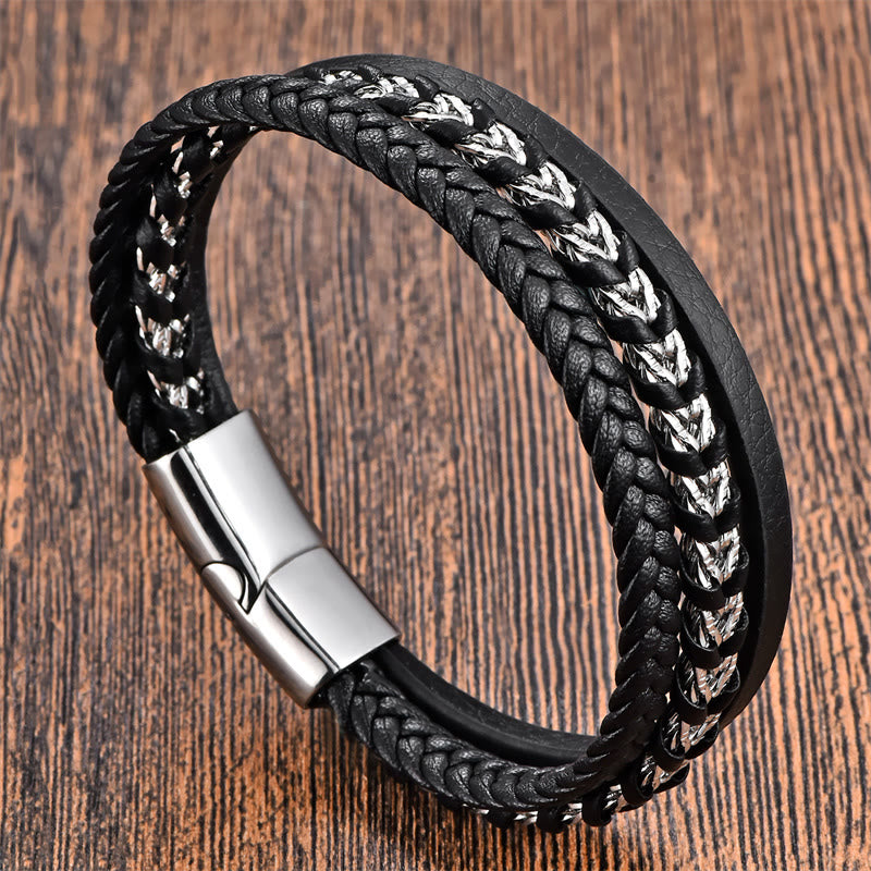Buddha Stones Gevlochten ontwerp titanium staal meerlaagse leren Armband met gesp - Meerlaags zilver (Polsomtrek: 18-20 cm) - image 0
