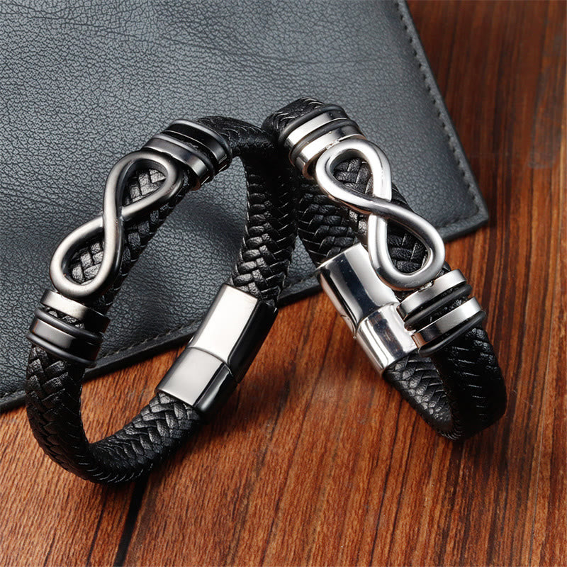 Buddha Stones Armband met gesp van gevlochten leer en eindeloos knoopdesign, versterkt met titaniumstaal. - image 1