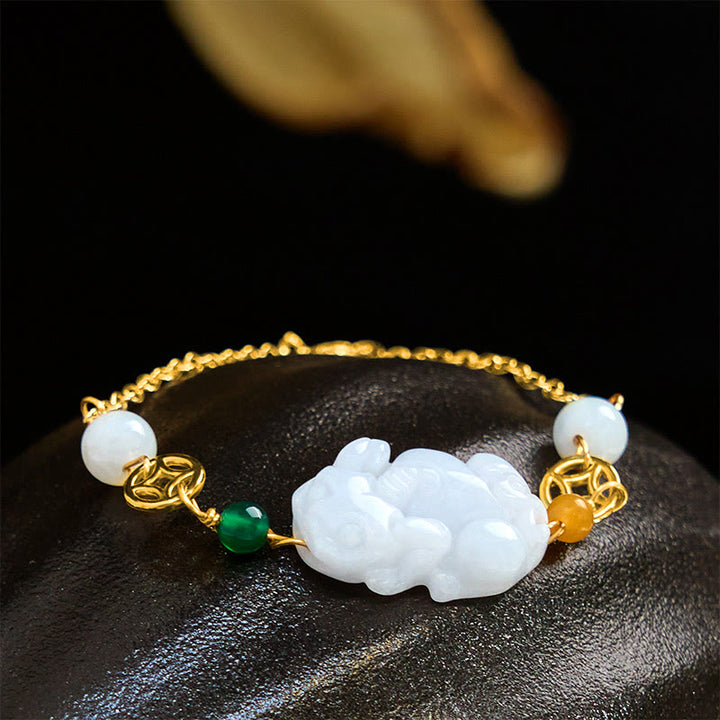 Buddha Stones Armband met geluksmunten van natuurlijk jade en gesneden koper. - Jade (Polsomtrek: 14-20 cm) - image 0