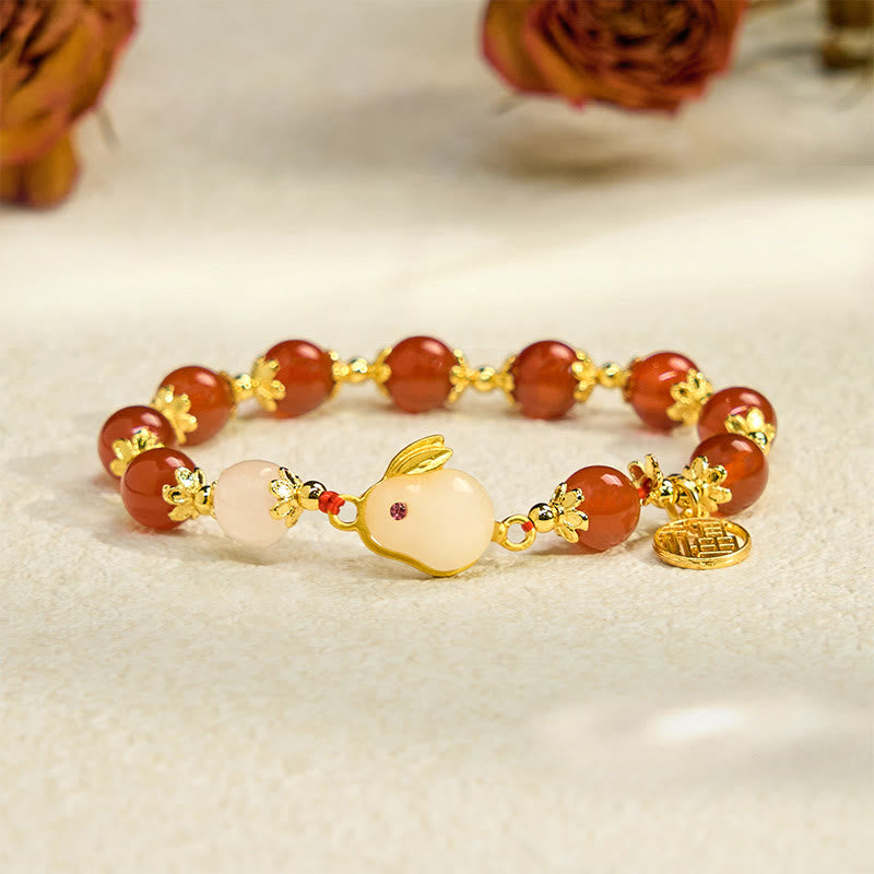 Buddha Stones Rode agaat chalcedoon Rabbit Fu karakter zelfvertrouwen Armband - image 1