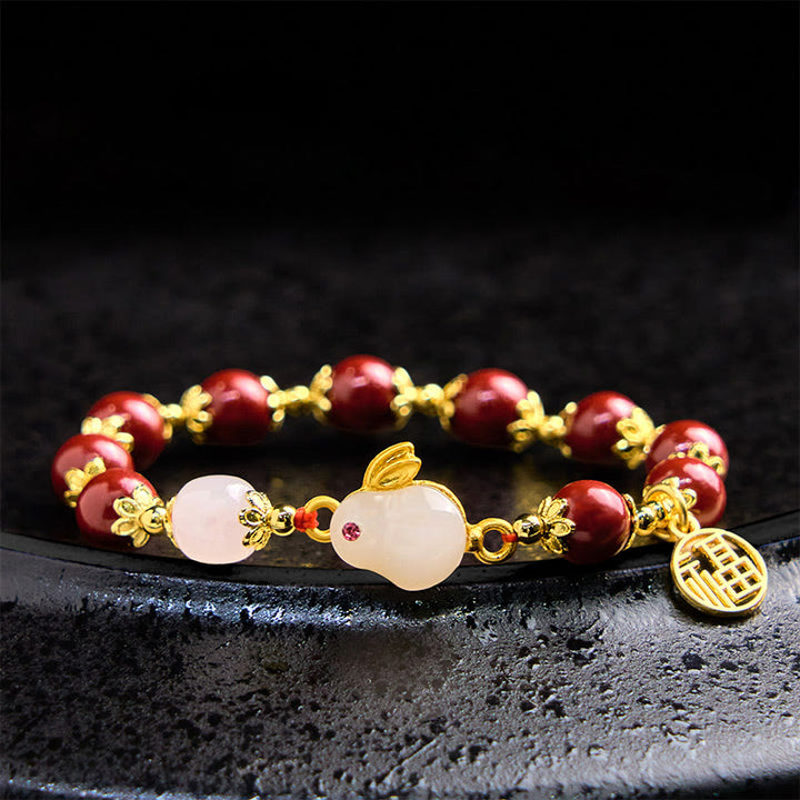 Buddha Stones Cinnabar schattig konijntje Bunny Fu karakter bedeltje Armband - Cinnaber (Polsomtrek 14-16 cm) - image 0