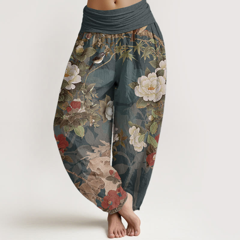 Buddha Stones Casual harembroek voor dames met elastische Taille en pioenrozenprint, gemaakt van 100% Cotton en met pioenrozen en bladeren (Ekster-motief). - Teal - US22, UK/AU26, EU54 (6XL) - image 0