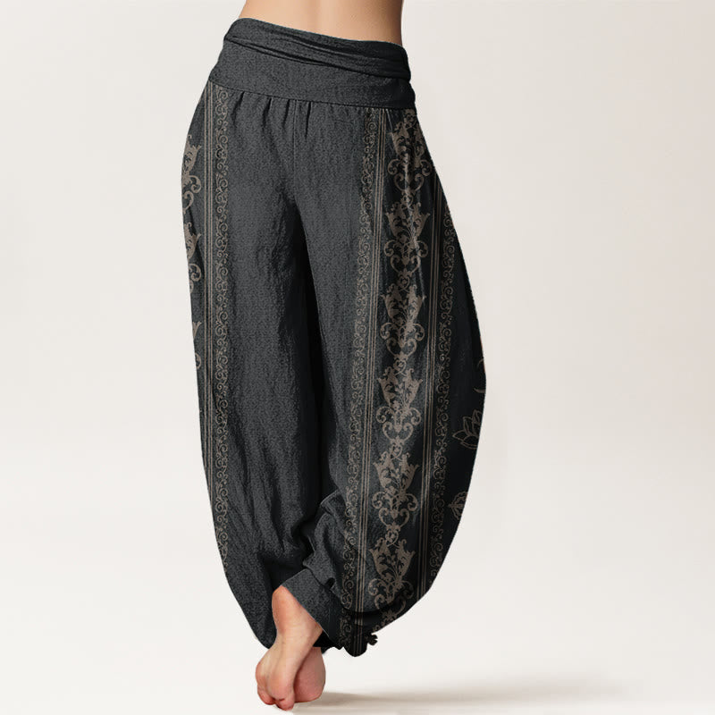 Buddha Stones Harembroek voor dames met elastische Taille en lotusbloemen, dubbele dorje, vajra en namaste om-design. - image 1