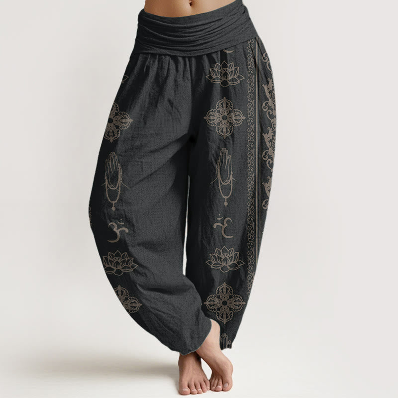 Buddha Stones Harembroek voor dames met elastische Taille en lotusbloemen, dubbele dorje, vajra en namaste om-design. - Zwart - US22, UK/AU26, EU54 (6XL) - image 0
