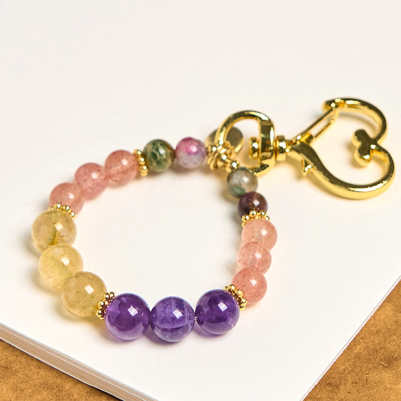Buddha Stones Sleutelhanger met hanger en kralen van natuurlijk aardbeikwarts, amethist en citrien. - Aardbeikwarts, amethist en citrien - image 0