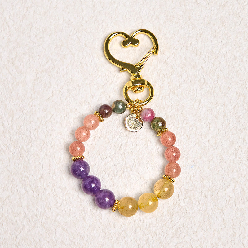 Buddha Stones Sleutelhanger met hanger en kralen van natuurlijk aardbeikwarts, amethist en citrien. - image 1