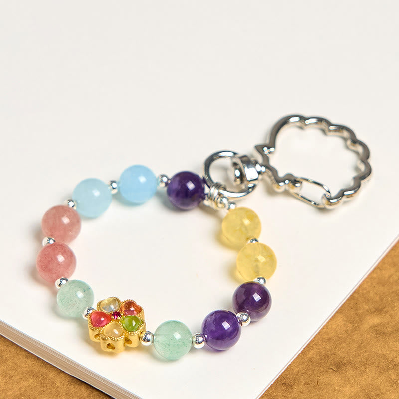 Buddha Stones Sleutelhanger met bloemmotief van natuurlijke aardbeikwarts, amethist, citrien en aquamarijn. - Amethist Citrien Aardbeikwarts - image 0