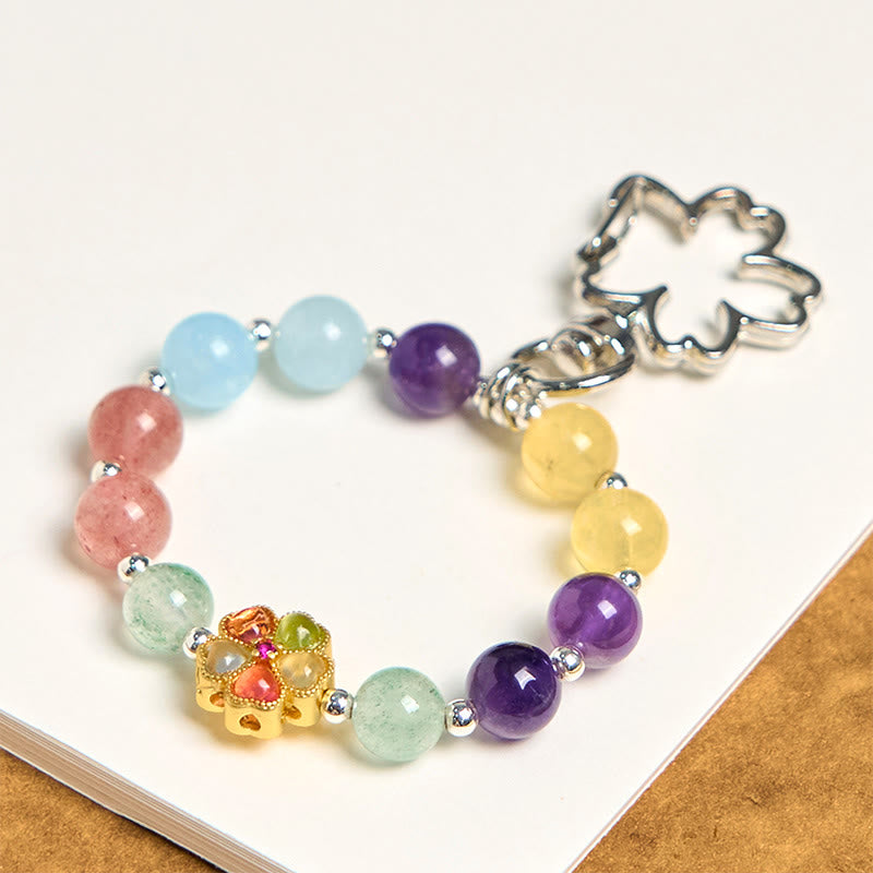 Buddha Stones Sleutelhanger met bloemmotief van natuurlijke aardbeikwarts, amethist, citrien en aquamarijn. - image 1