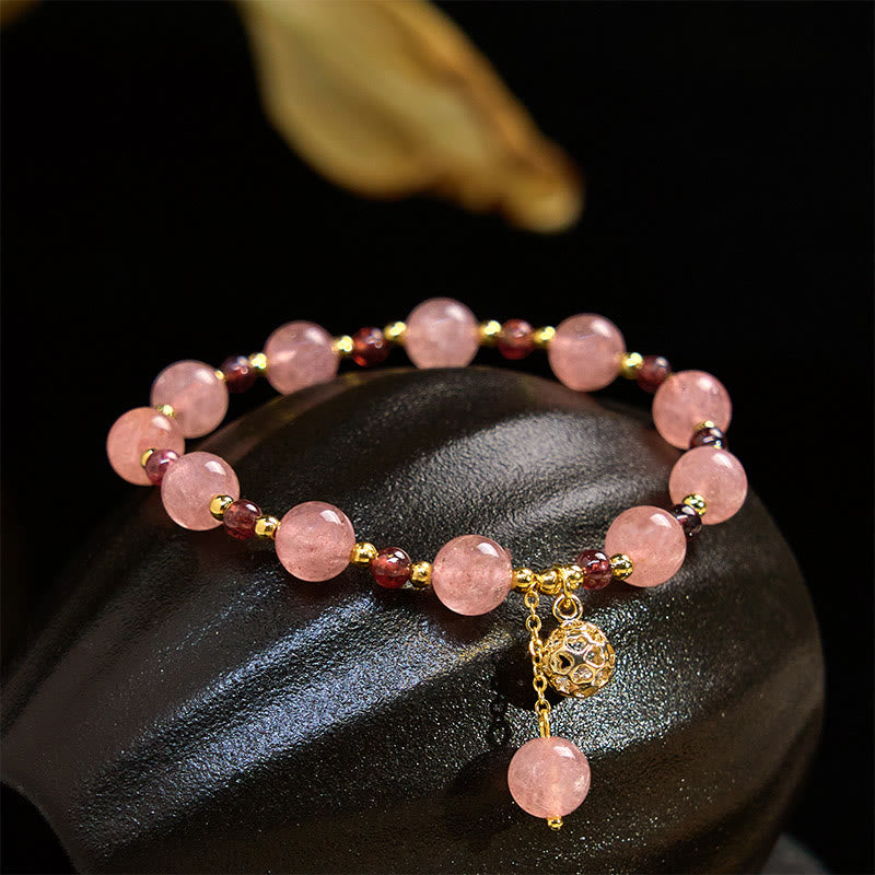 Buddha Stones Natuurlijke aardbeikwarts granaat helende Armband - Aardbeikwarts (Polsomtrek 14-16 cm) - image 0