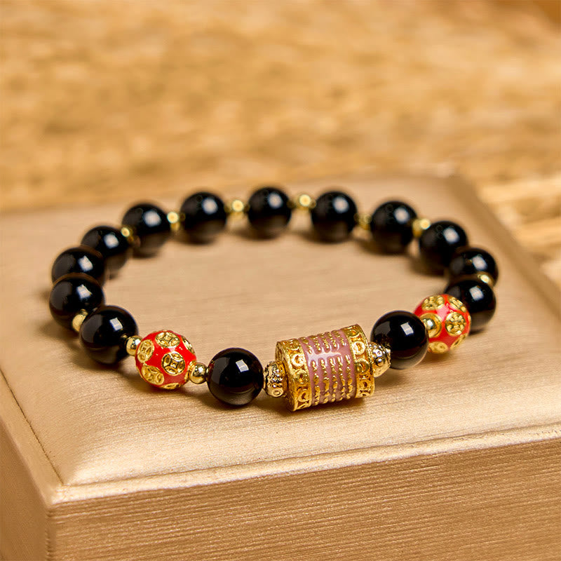 Buddha Stones Armband met vijf koperen munten van natuurlijke zwarte onyx en Armband als gelukssymbool. - Zwarte onyx (Polsomtrek 14-16 cm) - image 0