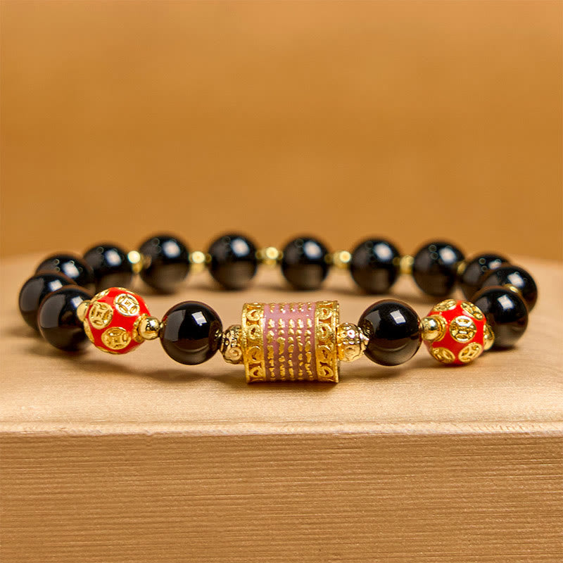 Buddha Stones Armband met vijf koperen munten van natuurlijke zwarte onyx en Armband als gelukssymbool. - image 1