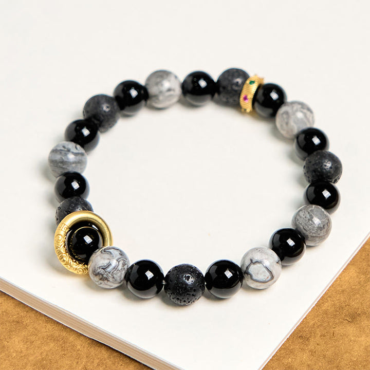 Buddha Stones Lavasteen, zwarte onyx, Picasso jaspis, helende Armband - 14-16 cm - image 0